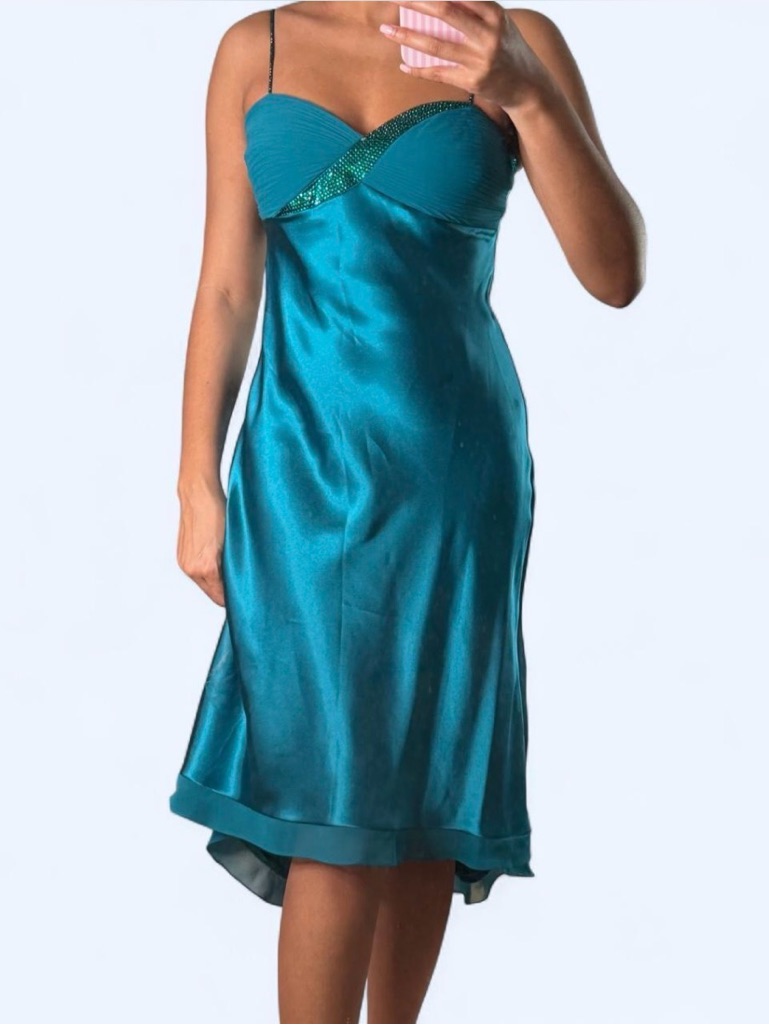 Cache Teal Satin High-Low Slip Dress With Beaded Trim